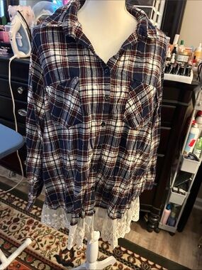 Lovesick Navy, White & Red Plaid Button-Up Top with Lace Hem
